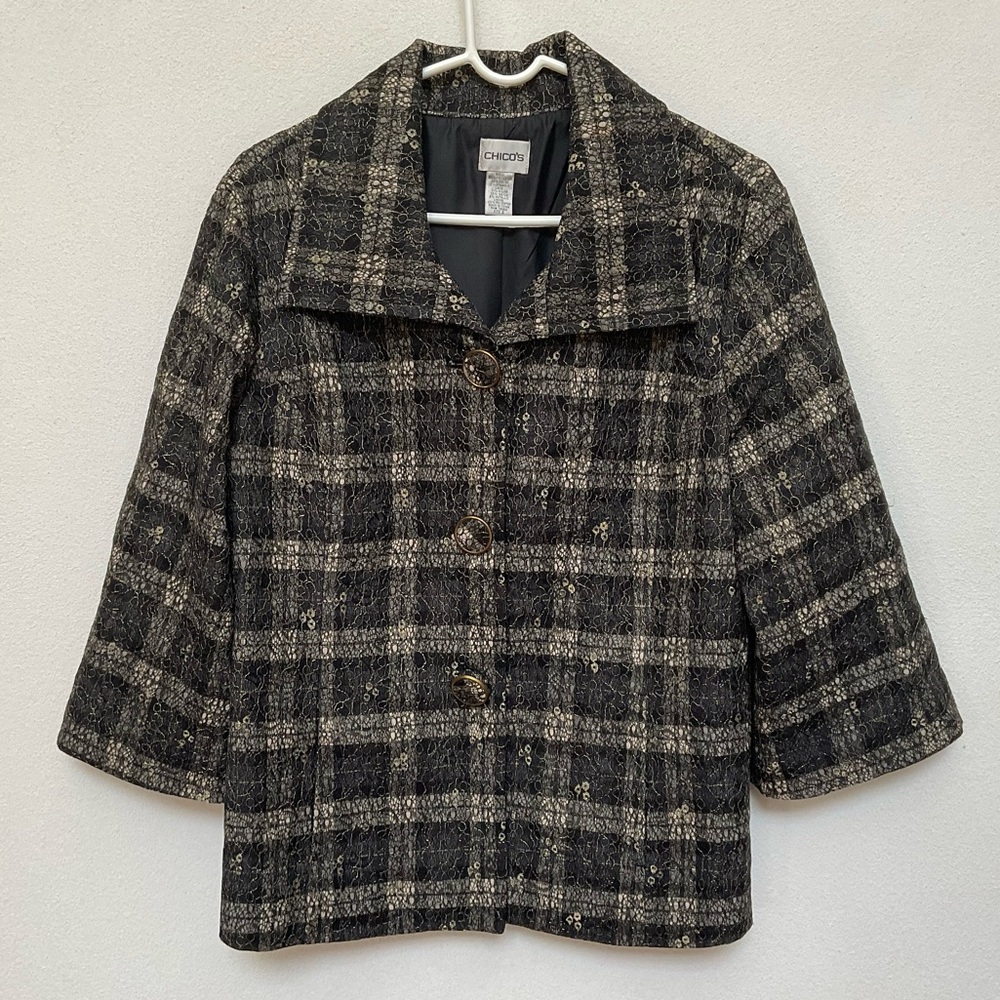 Chico's Black, Gold Lace Plaid 3 Button Jacket Size 2 US L/12 Winter Formal